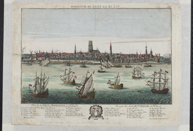 Prenttekening van het gezicht op de stad over de Nieuwe Maas