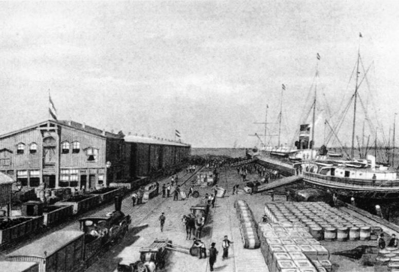 De Nederlandsch-Amerikaansche Stoomvaartmaatschappij (HAL) aan de Wilhelminakade, 1891.