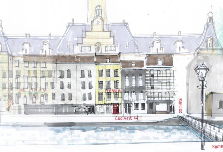 De ingang van Thalia was op de plek waar nu de rechter toegangspoort van het stadhuis is.​ Beeld: Karel Kindermans, 2021.