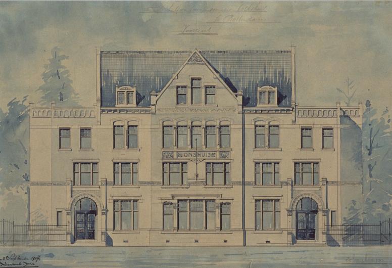 Gebouw van de vereniging Ons Huis in de Gouvernestraat. Bouwkundige tekening van de voorgevel.
