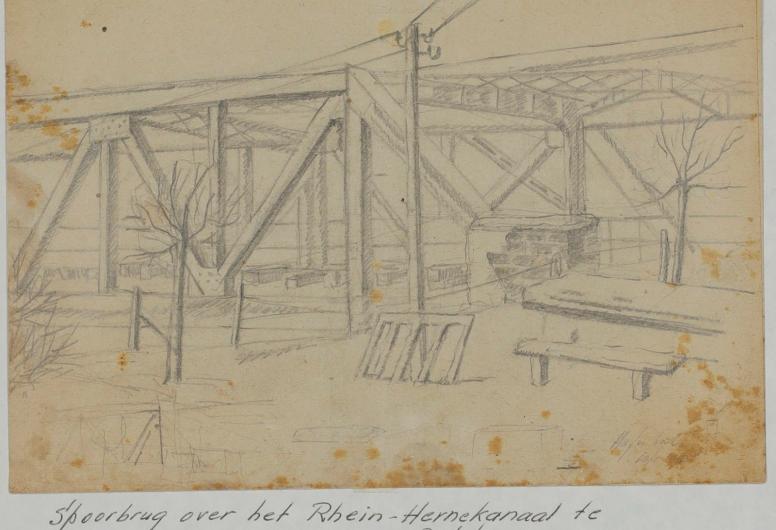 Deze tekening heeft Jacob gemaakt in Duisburg-Meiderich. Deze spoorbrug over het Rhein-Hernekanaal werd eind maart 1945 opgeblazen.