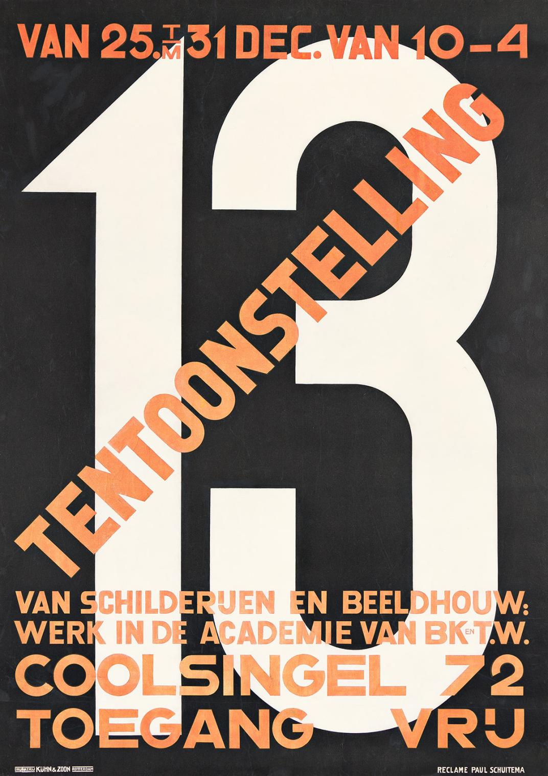 Het affiche TENTOONSTELLING 13 uit 1927 toont het modernisme in optima forma, met een schreefloos lettertype en de kenmerkende kleurcombinatie zwart, rood en wit.