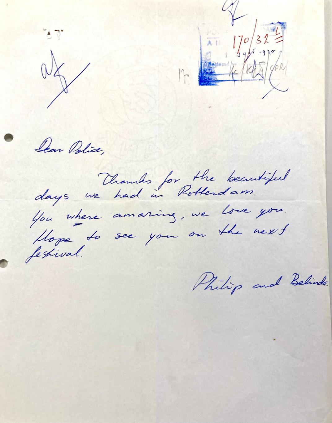 Bedankbrief aan de politie van bezoekers het Holland Pop Festival