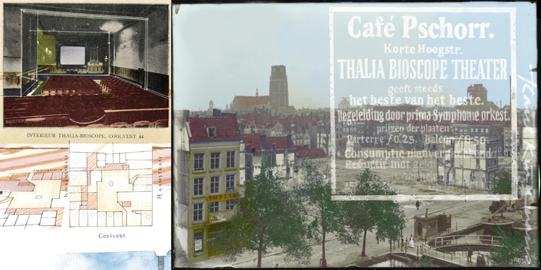 De plattegrond laat zien dat de bioscoopzaal achter de panden aan de Coolvest verborgen lag. Beeld: Karel Kindermans, 2021