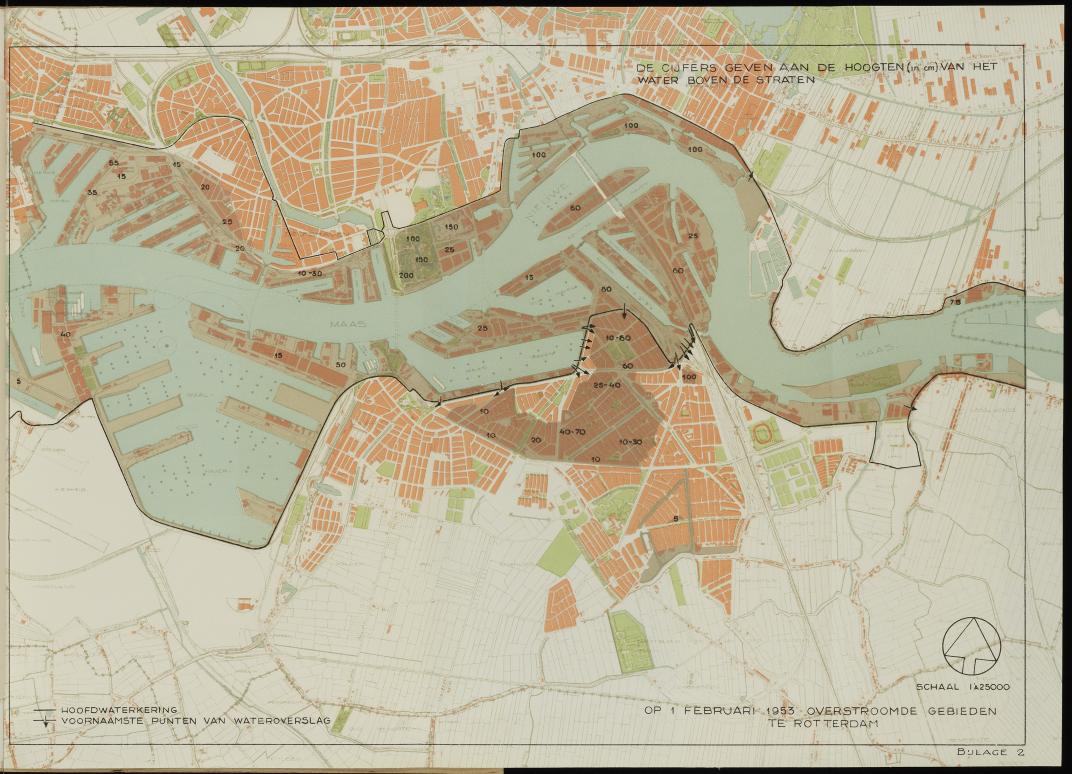 Kaart van de ondergelopen gebieden in de stad