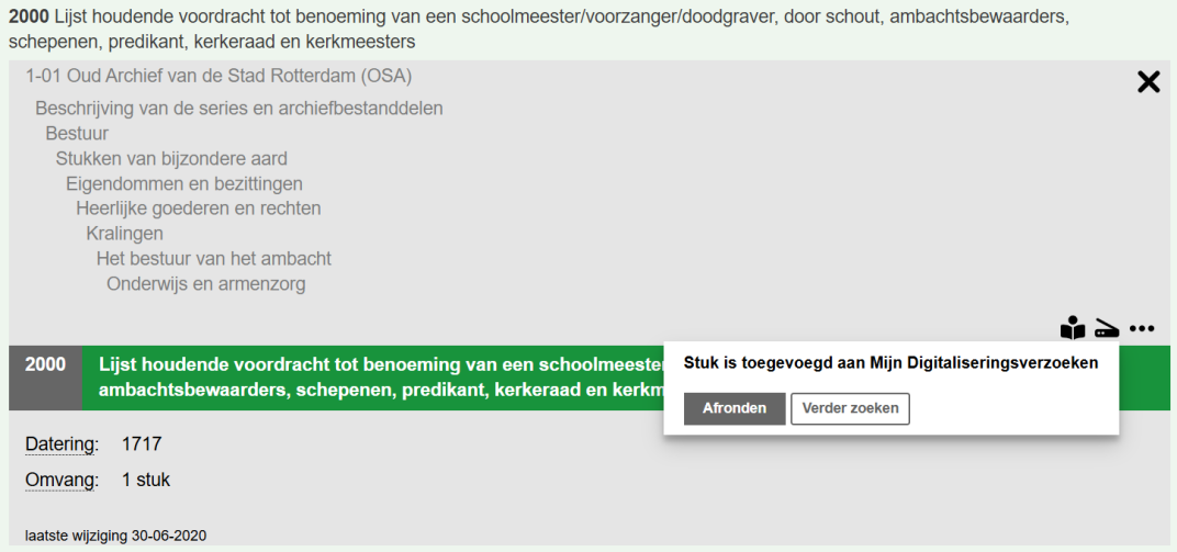Digitaliseren op Verzoek: handleiding voor het aanvragen van een archiefstuk. Stap 2: klik op Afronden.