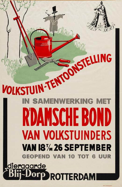 Affiche Volkstuintentoonstelling in Diergaarde Blijdorp in samenwerking met Rotterdamsche Bond van Volkstuinders, 1943. Ontwerper onbekend. Collectie 4006, nummer II-1943-0025-01.