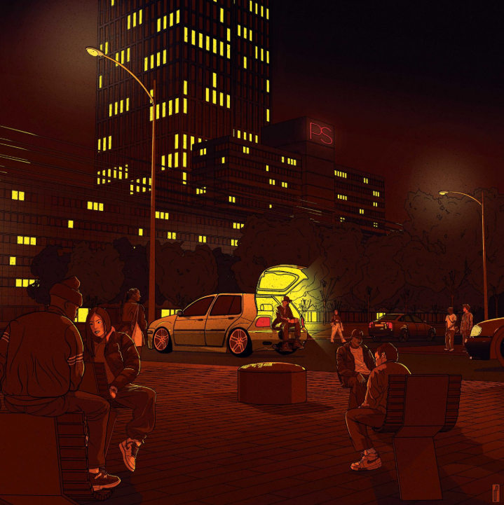 tekening van Rotterdams straatbeeld in de avond, waarschijnlijk bankjes op het plein tussen Kruisplein en Schouwburgplein, naast Calypso woontoren