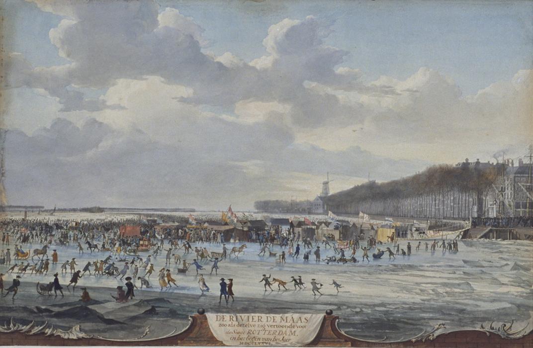 1776. IJsvermaak op de Nieuwe Maas.Rechts Boompjes met Bolwerk. Collectie 4080. Nummer RI-1346