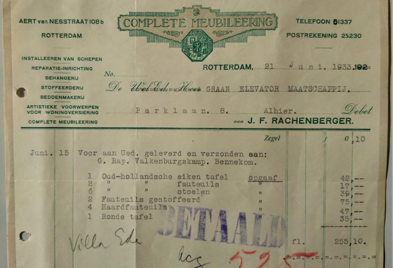 Factuur meubilering. Collectie 622-646