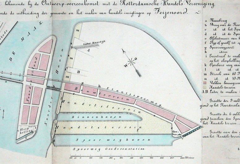 Kaart behorende bij de ontwerpovereenkomst het de Rotterdamsche Handels-Vereeniging over de uitbreiding van de gemeente Rotterdam op het Noordereiland en Feijenoord. Collectie 4100_II-178-01.  