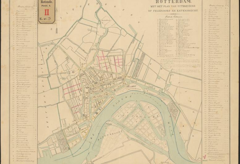Kaart van Rotterdam met het plan van uitbreiding op Feijenoord en Katendrecht. 1864. Collectie 4014 E3