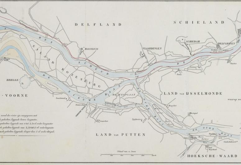 Kaart van de Nieuwe Waterweg en het Scheur met het ontwerp voor de Nieuwe Waterweg.