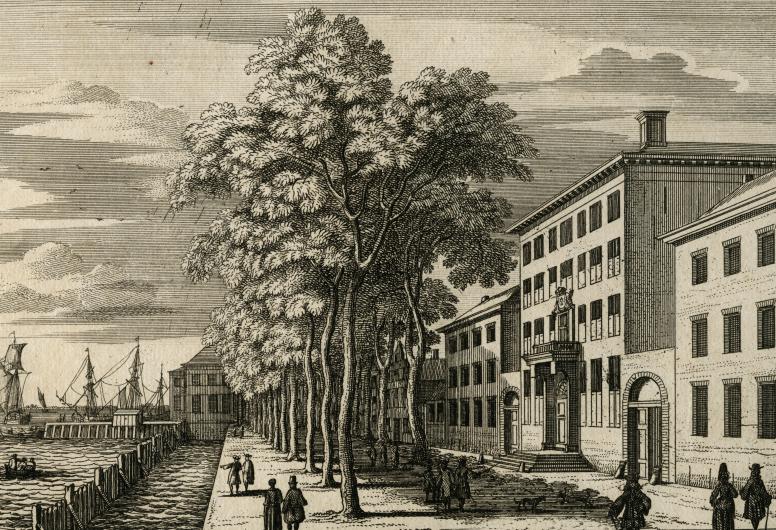Het Oost-Indisch Huis aan de Boompjes. Links de Nieuwe Maas. ca. 1700. Collectie Prenten en Tekeningen 4080, Documentnummer RI-1130