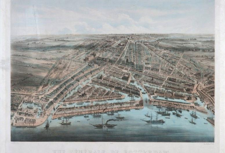 Vue générale de Rotterdam. Gezicht op de stad in vogelvlucht vanuit zuidelijke richting. 1855. Collectie Prenten en Tekeningen 4080, documentnummer RI-68-2.
