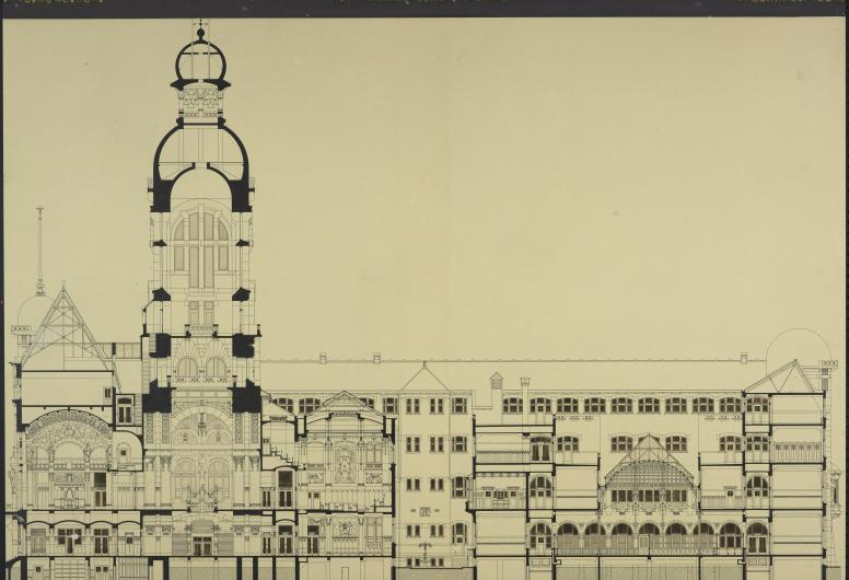 Ontwerp voor het stadhuis te Rotterdam [niet uitgevoerd]: lengtedoorsnede door C.B. van der Tak. Ingezonden onder het motto Pro domo Sua Collectie 4013 Documentnummer XII-34-01-97