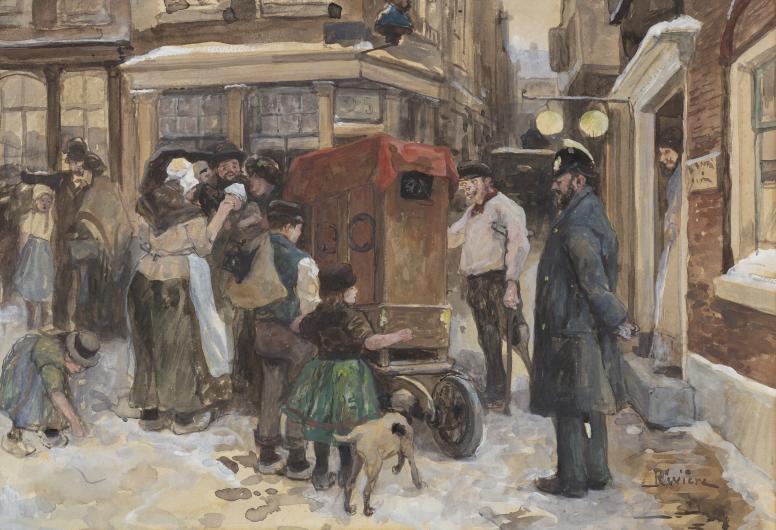 Mensen met een draaiorgel in de Zandstraat. 1906-1912, geschat. Maker A. Ph. de la Rivière, Collectie 4080 nummer 1989-290