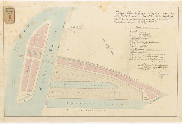 Kaart van eiland Feijenoord en bijbehorende havens met handtekening van Pincoffs