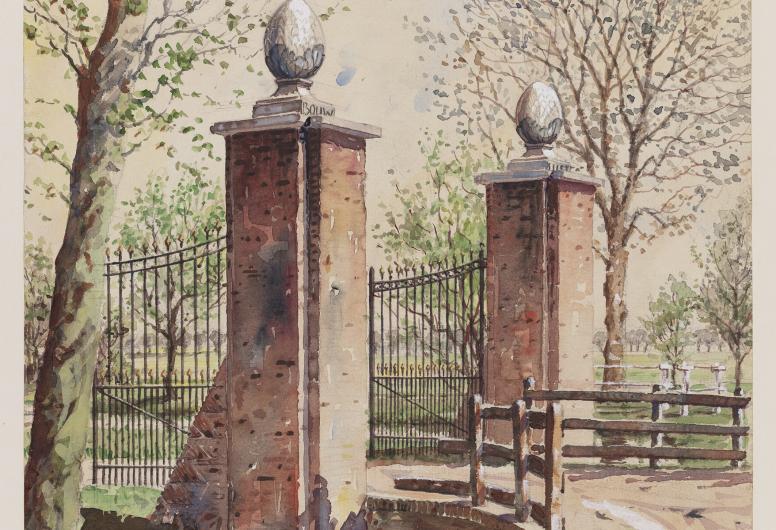 Inrijhek aan de Kerkstraat te Berkel, met gemetselde hekpijlers van het terrein rond de kerk van de Nederlandse Hervormde Gemeente, 1933. Collectie 4081, nr 380