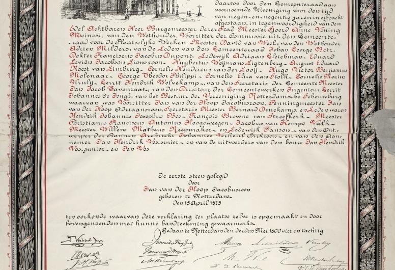 Oorkonde van de eerste steenlegging van de Rotterdamse Schouwburg door Jan van der Hoop Jacobuszoon op 3 mei 1884. Collectie 33-01_2425