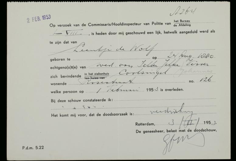 Overlijdensverklaring van de weduwe Leentje Visser-de Wolff