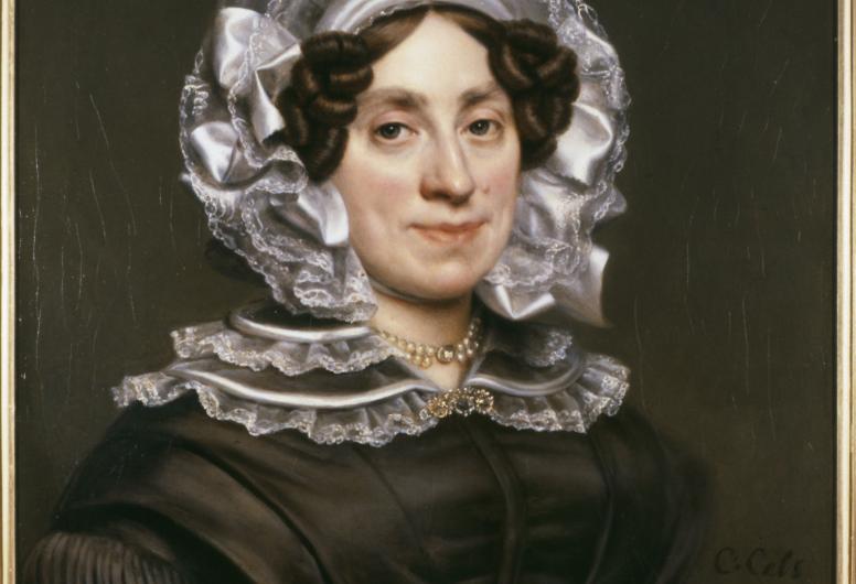 portret schilderij van een vrouw met eigentijdse klederdracht, eind 19de eeuw