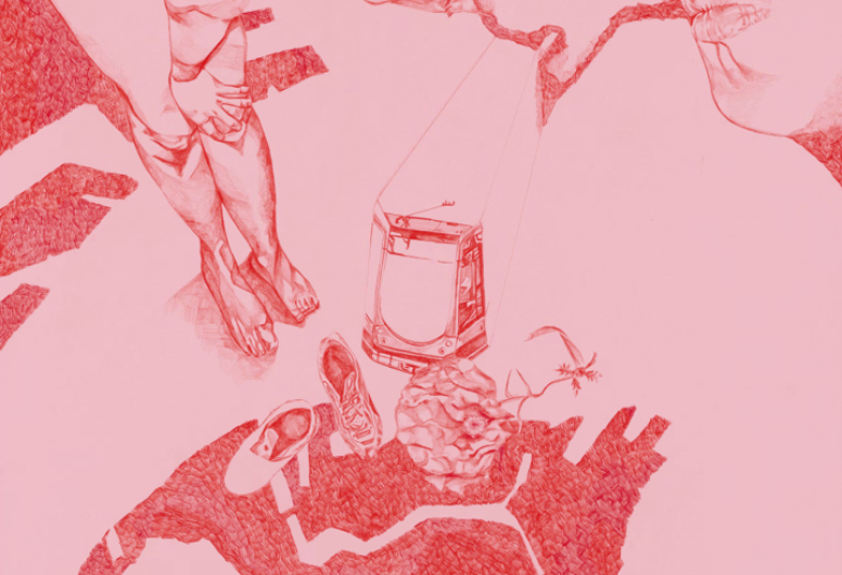 Tekening van een ontbloot persoon gedaan in roodtintinten