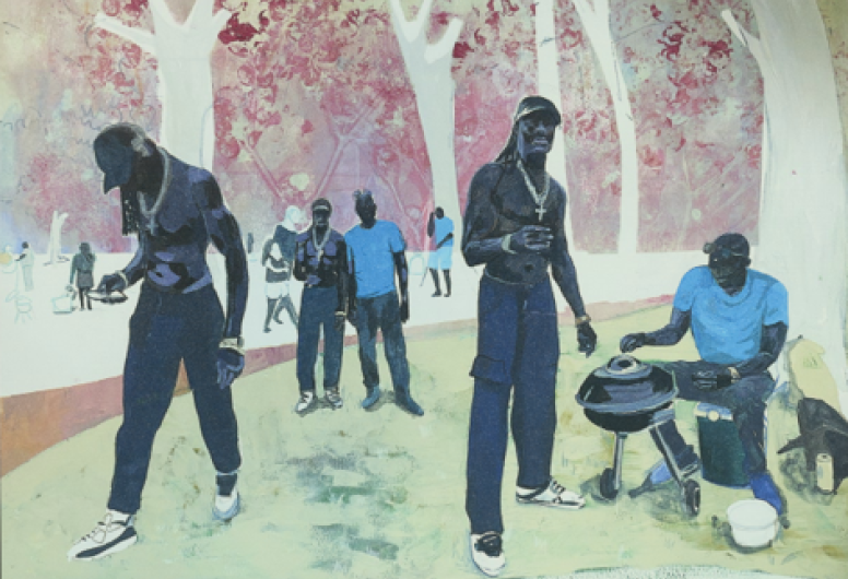 gestileerde weergave van een bbq scene aan het Kralingse Plas met in de voorgrond 3 figuren met donkere en blauwe kleding. 