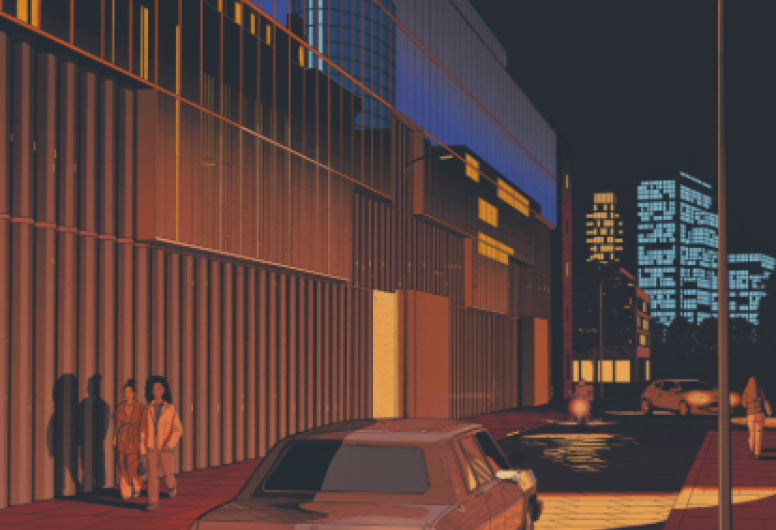 Tekening van een donkere stedelijke straat verlicht door lantarens, met een Amerikaans model auto in de voorgrond