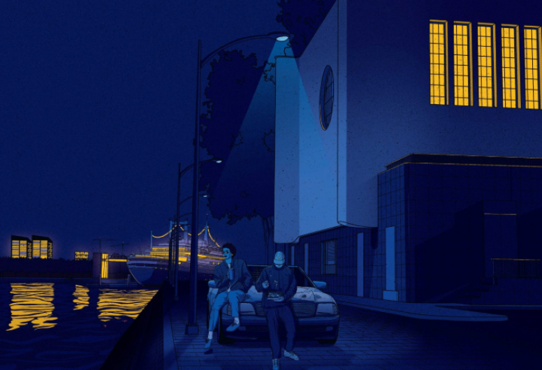 Tekening van de achterkant van het Maastunnel fietsgebouw, langs de waterkant