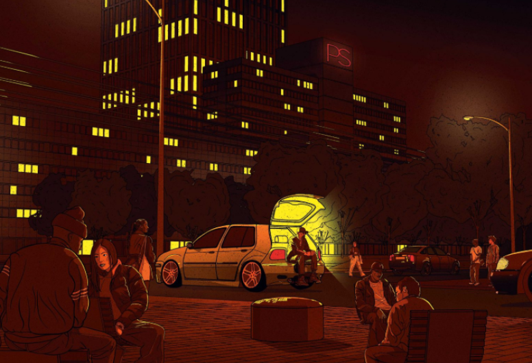 tekening van Rotterdams straatbeeld in de avond, waarschijnlijk bankjes op het plein tussen Kruisplein en Schouwburgplein, naast Calypso woontoren