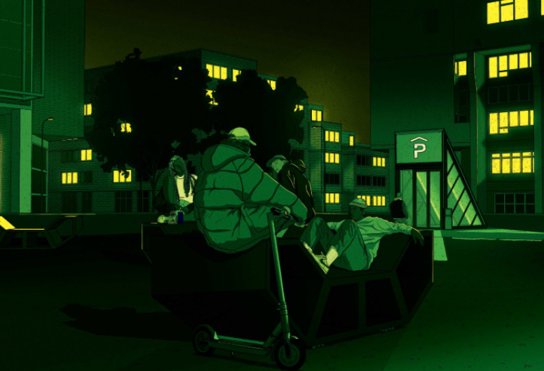 tekening van Rotterdams straatbeeld in de avond, waarschijnlijk bankjes op het Schouwburgplein