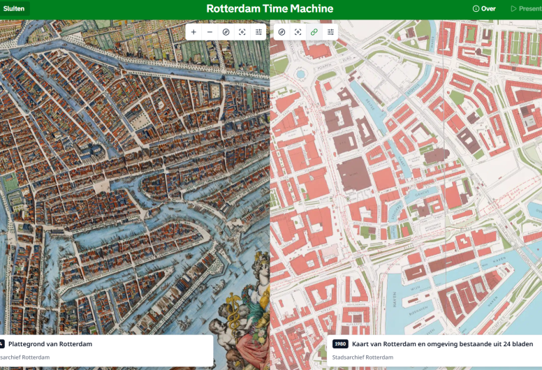 Voorbeeld van twee kaarten die over elkaar gelegd kunnen worden met de Rotterdam Time Machine