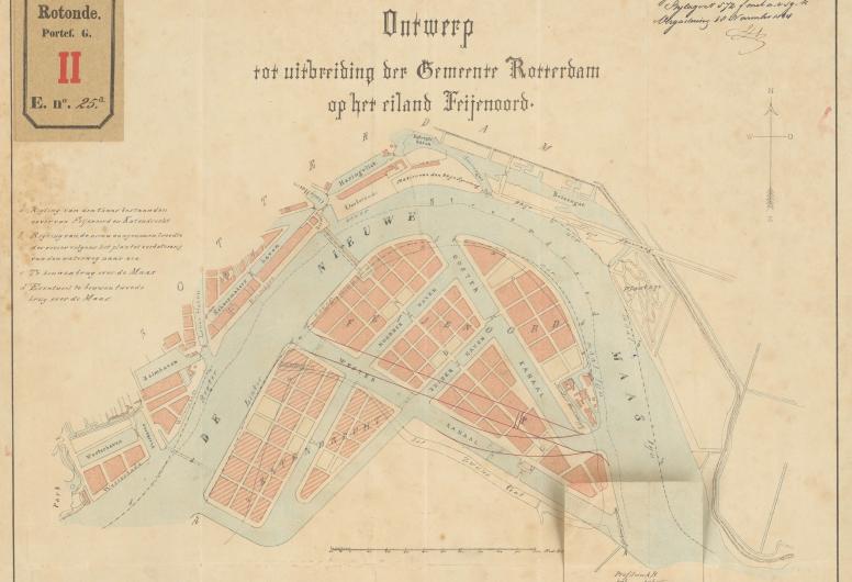 Gesteendrukte kaart waarop een ontwerp tot uitbreiding van Rotterdam op Feijenoord is aangegeven, met aanduiding van de plaats voor een te bouwen brug over de Maas en een eventueel te bouwen tweede brug. 1864. Collectie Rotondetekeningen NL-RtSA_4014_G-25