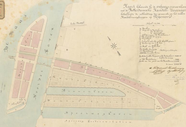 Kaart van het eiland Feijenoord en bijbehorende havens, behorende bij de ontwerpovereenkomst met de Rotterdamsche Handelsvereeniging betreffende de uitbreiding van de gemeente en het maken van handelsinrichtingen op Fijenoord. 1872.  NL-RtSA_4014_G-61 Col