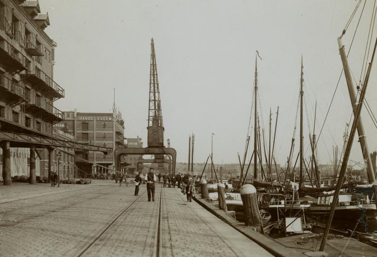 Pakhuizen van Blaauwhoedenveem-Vriezeveem en Handelsveem aan de Rijnhaven, ca. 1910.