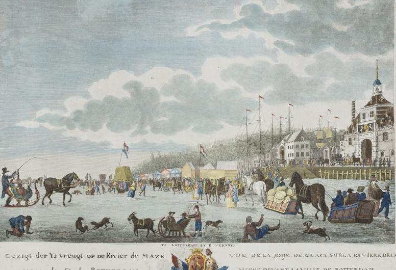 1782-1786. Gezigt der Ysvreugt op de Rivier de Maze voor de Stad Rotterdam. Vue de la joije de glace sur la riviere de la Meuse devant la ville de Rotterdam.