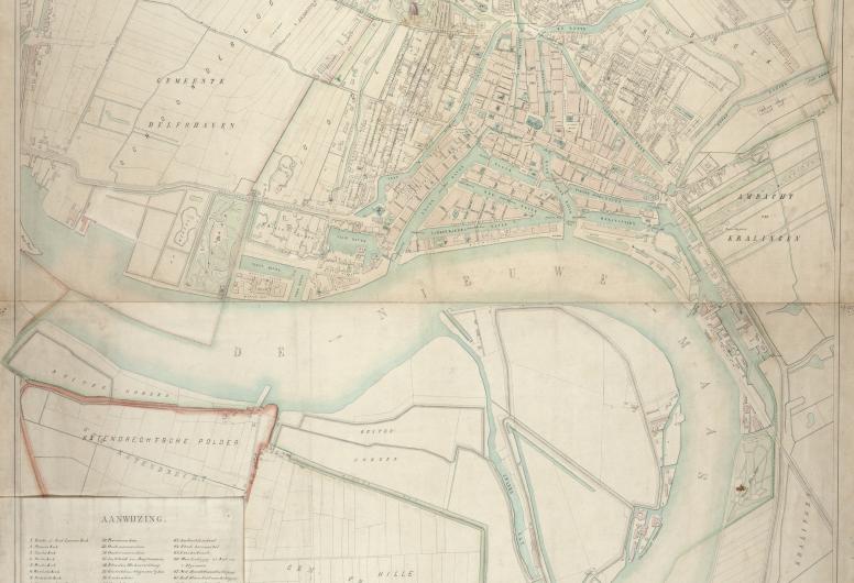 Plattegrond van Rotterdam na de uitbreiding van 1869 vervaardigd naar de kadastrale plans. Met weergave van de grenzen met de gemeenten Delfshaven Hillegersberg, Kralingen, Charlois en IJsselmonde. 
