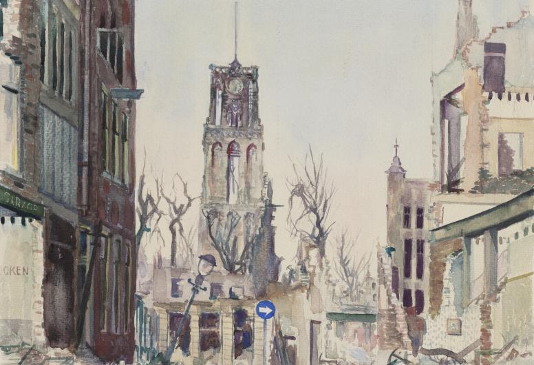 Tekening gemaakt kort na het bombardement van 14 mei 1940. De Bierstraat  met op de achtergrond de Laurenstoren. Collectie Prenten en Tekeningen. NL-RtSA_4080_IX-224