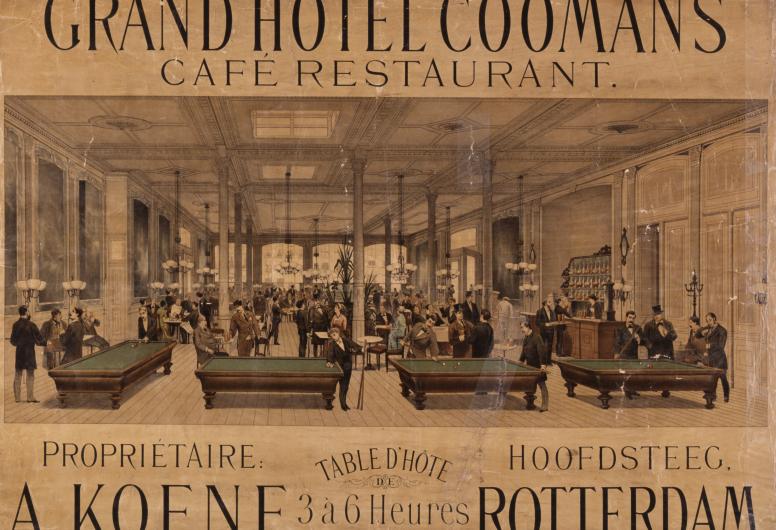Reclameaffiche van café-restaurant van Grand Hôtel Coomans aan de Hoofdsteeg. Ca. 1900. Collectie Affiches. NL-RtSA_4006_G-0000-0401.