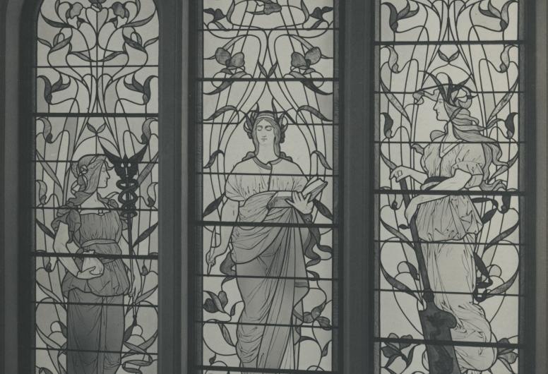 Het gebrandschilderde raam van L. de Contini in het trappenhuis van het archiefgebouw aan de Mathenesserlaan. Collectie Topografie. NL-RtSA_4202_XXI-12-3