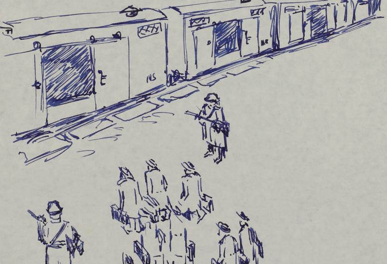 Een tekening van het transport van de mannen uit het egodocument van Arie Botschrijver.