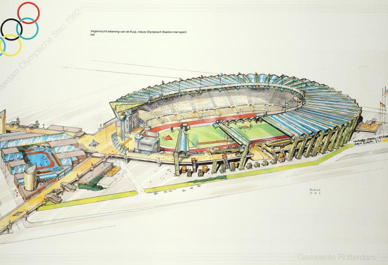 Vogelvluchttekening van de Kuip. Nieuw Olympisch Stadion met Sporthal. Uit het boek: 'Rotterdam Olympische Stad 1992'. 1984