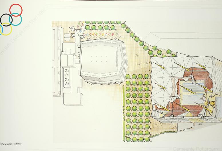 Perspectief Olympisch Zwemstadion. Uit het boek: 'Rotterdam Olympische Stad 1992'. 1984