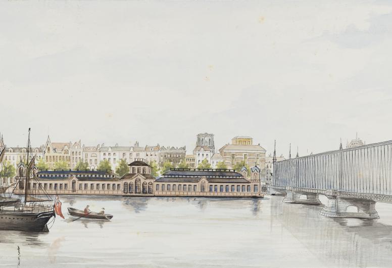 Gezicht op de Nieuwe Maas met de zwem- en badinrichting aan de Boompjes en met rechts de Willemsbrug