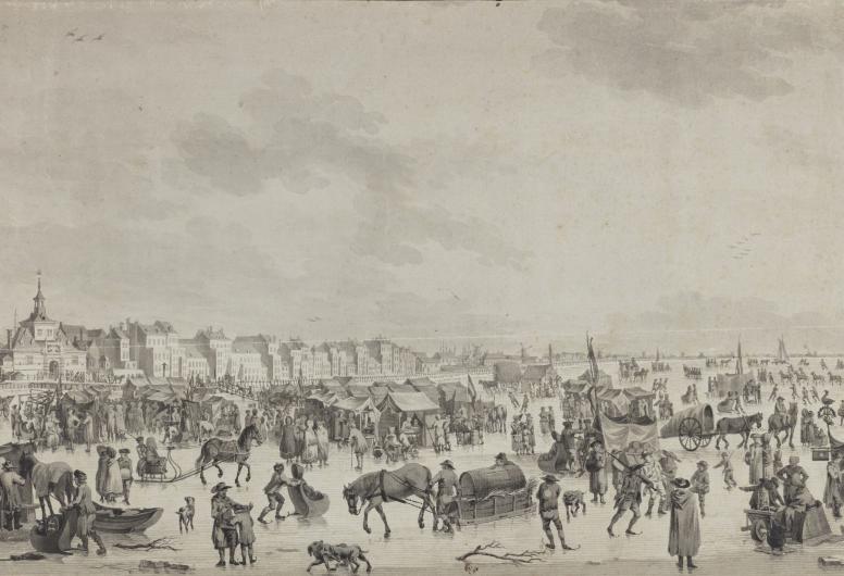 IJsvermaak op de Nieuwe Maas met de Ooster Oude Hoofdpoort en oostelijk deel van de stad. 1784
