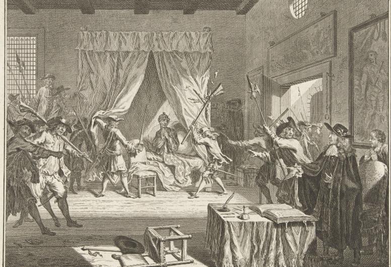 Overval op Johan en Cornelis de Witt in hun kamer in de Gevangenpoort, 1672. Vervaardigd in 1755.