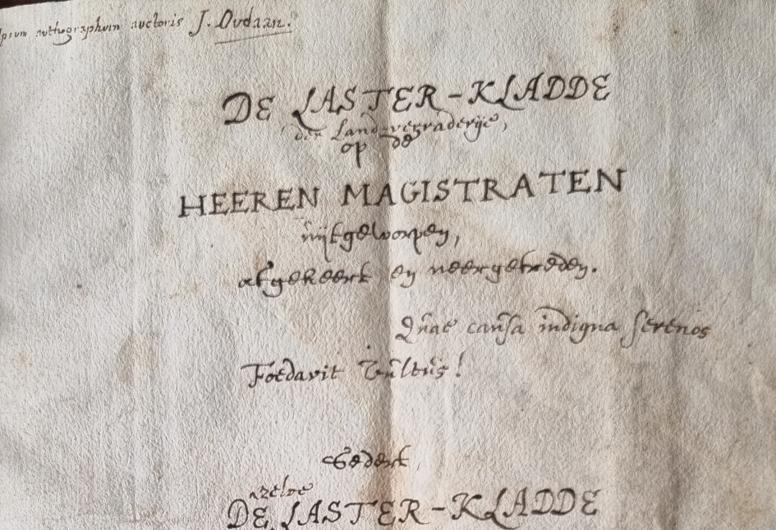 Voorpagina van de Laster-kladde der Landverraderye door Joachim Oudaen, 1673.