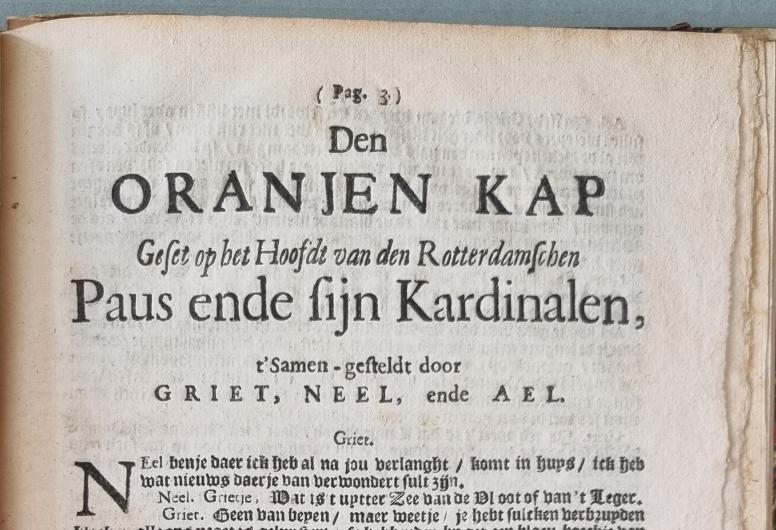 Eerst pagina uit het pamflet 'Den Oranjen Kap'. Bibliotheekcollectie 3001, signatuur III A 28 in het jaar 1672.
