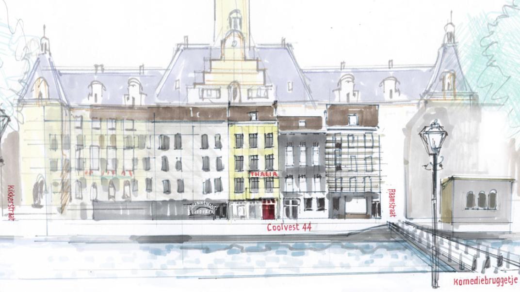 De ingang van Thalia was op de plek waar nu de rechter toegangspoort van het stadhuis is.​ Beeld: Karel Kindermans, 2021.